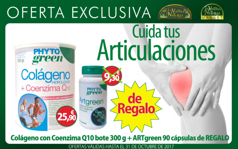 October promotions: Joints month, Colagene with Coenzyme Q10 300 g Phytogreen, buy one for 25,90€, and get artgreen Phytogreen 90 capsules valued 9,30€ for free