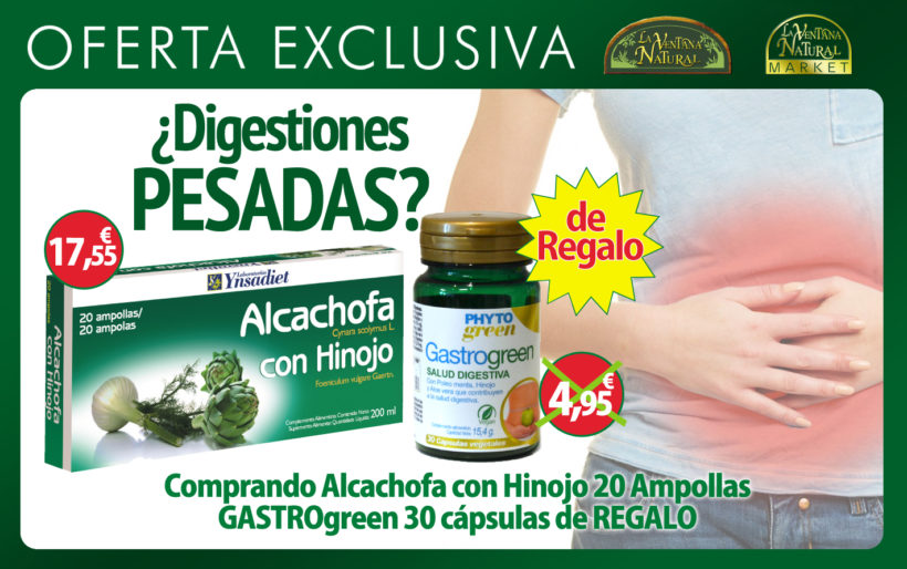 Oferta Septiembre:Si compras una caja de Alcachofa con Hinojo 20 ampollas por 17,55€ , te regalamos Gastrogreen 30 cápsulas (precio normal 4,95€).