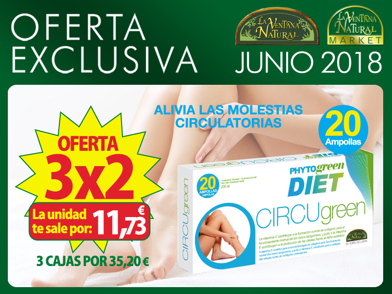 June Offer:  -Buy two CIRCUGREEN PHYTOGREEN 20 AMPOULES for 35,20€, and get for free the third ones. Final cost will be 11,73€ each one.