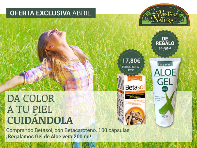 Oferta de Abril: Por la compra de un Betasol 100 perlas, un Gel Aloe Vera hidratante 200 ml de regalo. •	Broncea tu piel cuidándola!