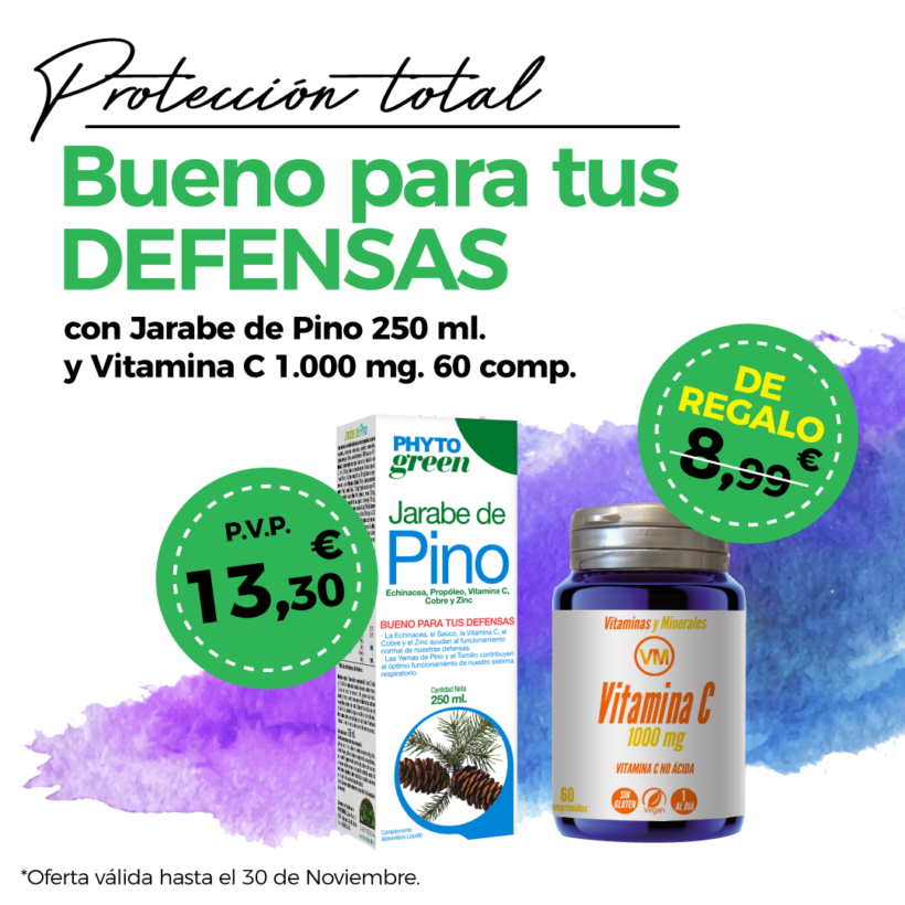 Oferta Noviembre: Por la compra de un   Jarabe de Pino 250 ml Phytogreen, una Vitamina C 1000 mg 60 comprimidos de regalo! Pon a tope tus defensas!