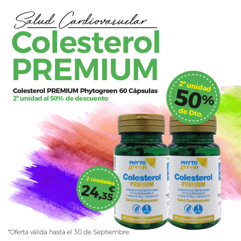 Oferta Septiembre: Por la compra de Colesterol Premiu de Phytogreen 60 cápuslas, la 2ª unidad al 50% de descuento. Las dos unidades tan solo 24’35€.