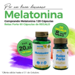 Oferta Octubre: Por la compra de melatonina 120 cápsulas de regalo Relax forte valorado en 8’25€.