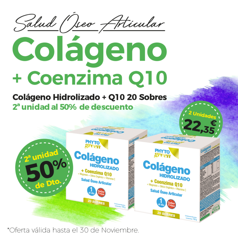 Oferta Noviembre: Por la compra de Colágeno Hidrolizado + coencima Q10 la segundo unidad unidad al 50% de descuento.