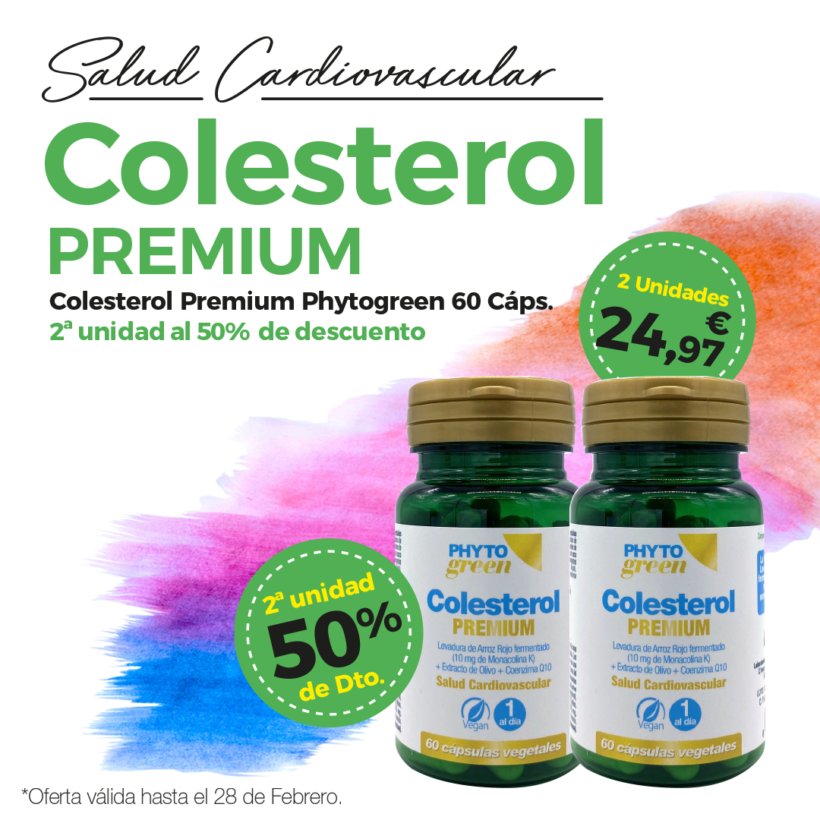Oferta Febrero: Por la compra de Colesterol PREMIUM Phytogreen 60 cápsulas, la segunda a unidad al 50% de descuento. Dos unidades a tan solo 24.97€.