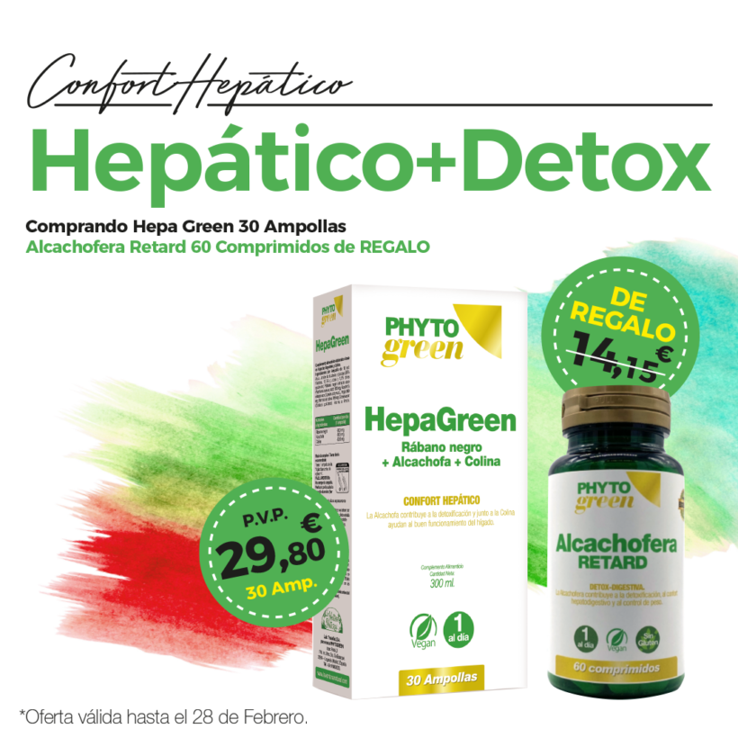 Oferta Febrero: Por la compra de Hepa Green 30 ampollas, de REGALO Alcachofera Retard 60 comprimidos.