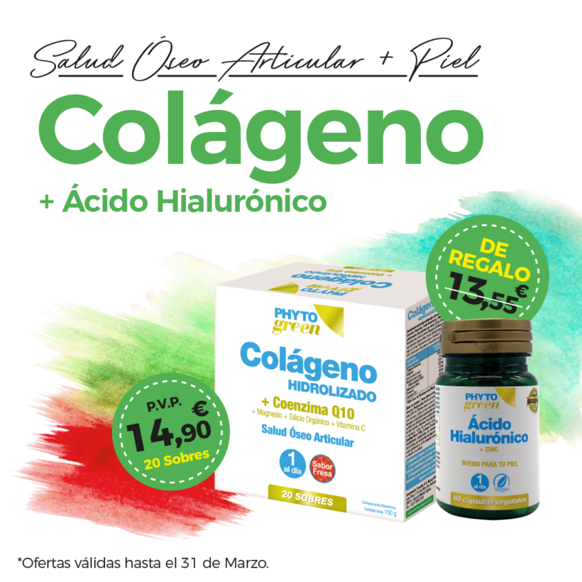 Oferta Marzo: Por la compra de un Colágeno Hidrolizado con Coenzima Q10 20 Sobres, un Ácido Hialurónico +Zinc 60 Cápsulas de REGALO!  Cuida tu piel!