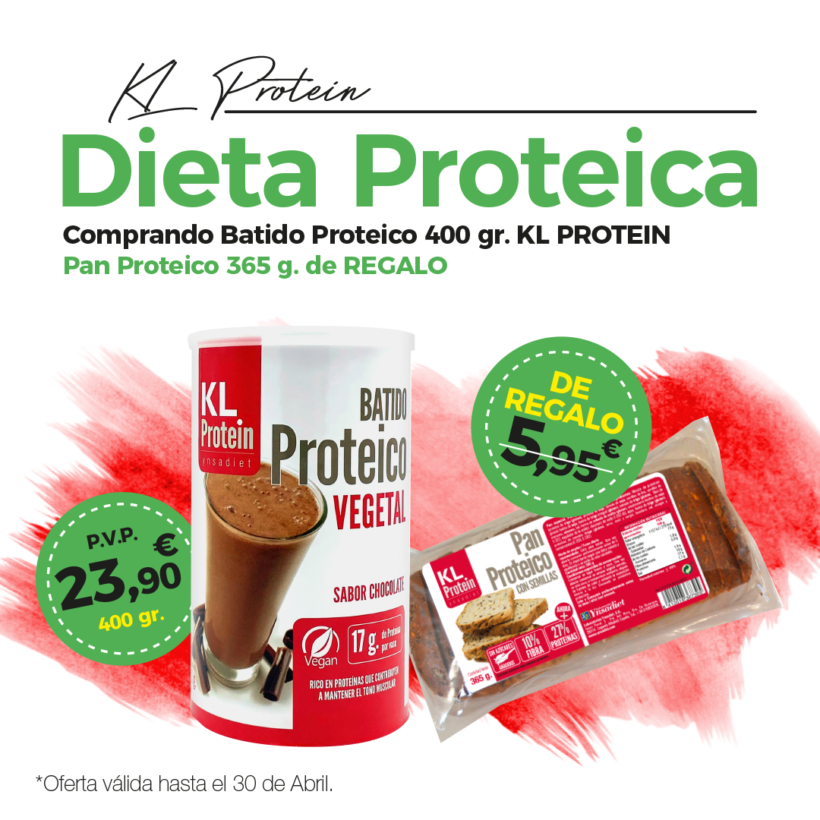 Oferta Abril: Por la compra de un Batido proteico chocolate Kl-Protein, un Pan proteico semillas de  REGALO! Prueba la dieta proteica!