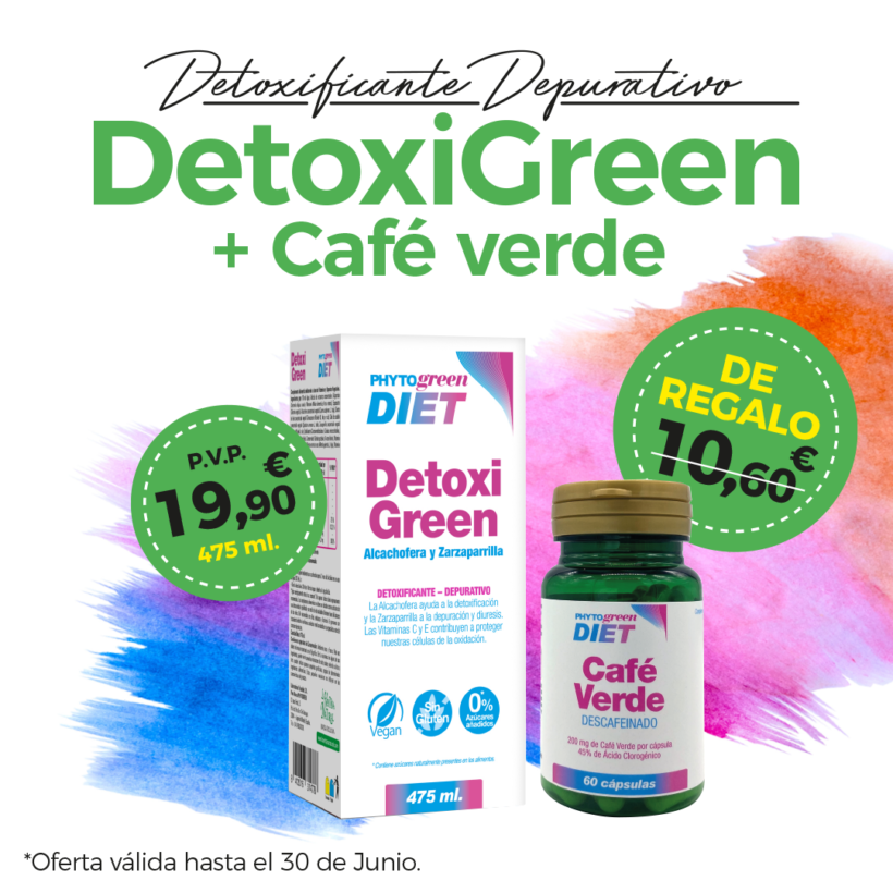 Oferta Junio: Por la compra de un Detoxigreen 475ml. Phytogreen, llevaté de REGALO un Café Verde 60 Cápsulas Phytogreen. Cuida tu cuerpo!
