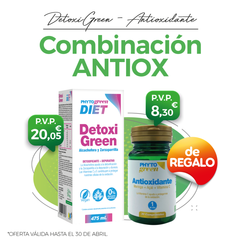 Oferta Abril: Por la compra de un Detoxigreen 475ml, un Antioxidante 30 comprimidos Phytogreen de REGALO! Depura tu cuerpo y límpialo!