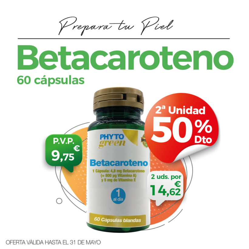 Oferta Mayo: Por la compra de un Betacaroteno 60 cápsulas Phytogreen, la SEGUNDA unidad al 50%! Cuida tu  Piel por dentro y por fuera!