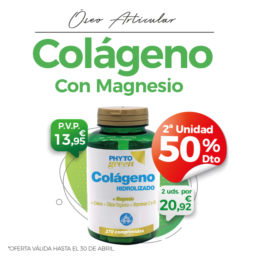 Oferta Abril: Por la compra de un Colágeno Hidrolizado 270 Comprimidos Phytogreen, la SEGUNDA unidad al 50%! Cuida tu  Salud óseo Articular!