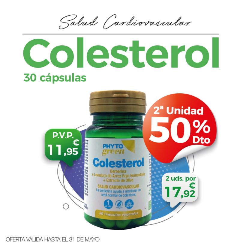 Oferta Mayo: Por la compra de un Colesterol 30 cápsulas Phytogreen, la Segunda unidad al 50%! Cuida tu salud!