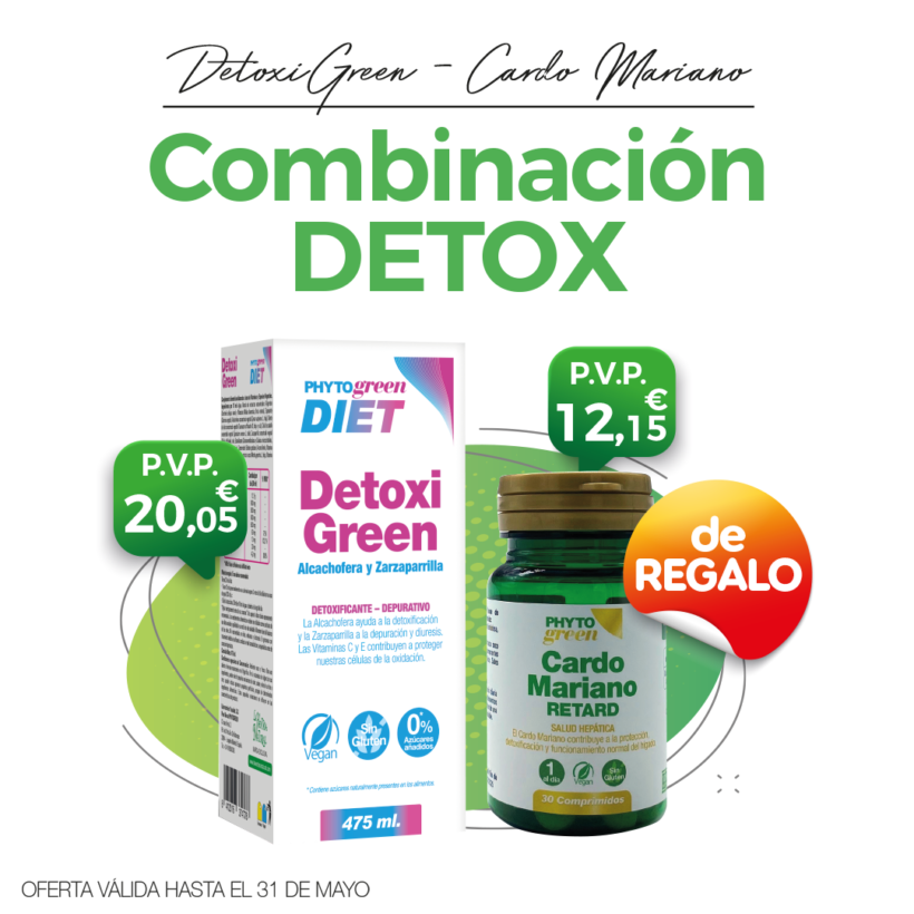 Oferta Mayo: Por la compra de un Detoxigreen 475ml, un Cardo Mariano 30cápsulas Phytogreen de REGALO! Depura tu cuerpo y tu hígado!