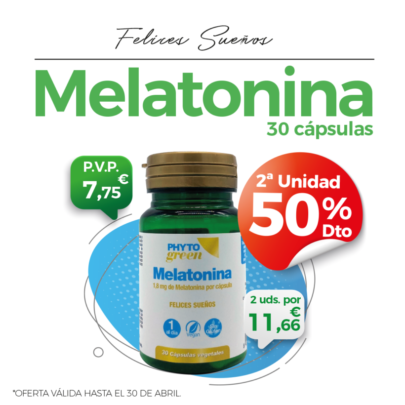 Oferta Abril:Por la compra de un Melatonina 30 comprimidos Phytogreen , la Segunda unidad al 50% de descuento. Descansa!