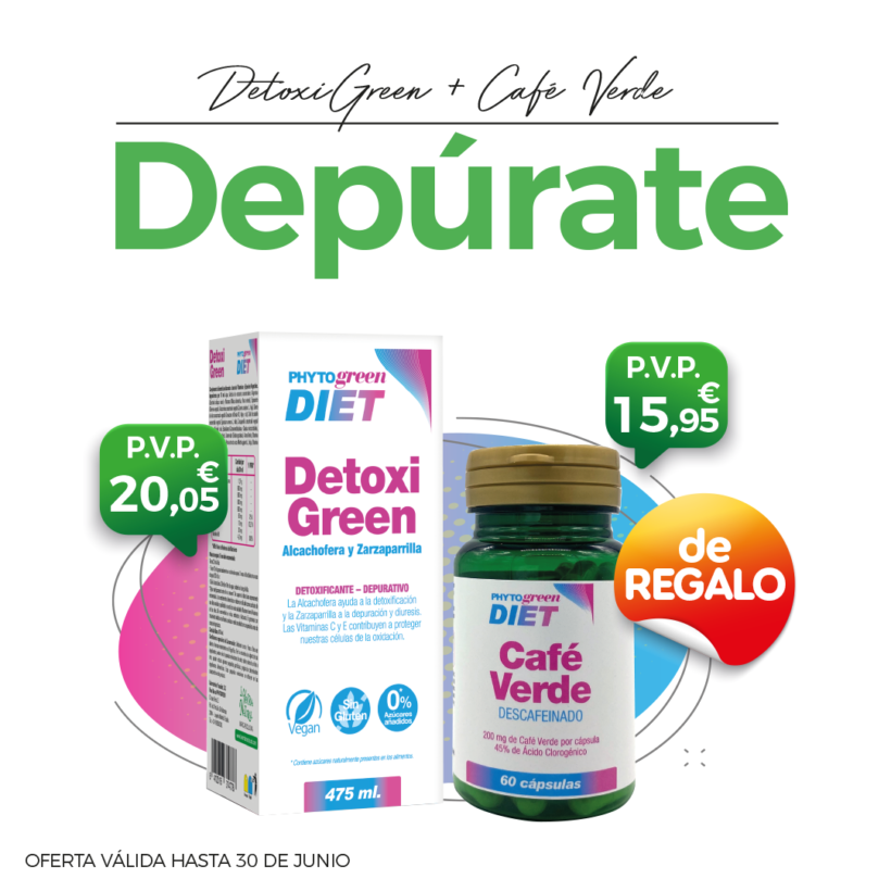 Oferta Junio: Por la compra de un Detoxigreen 475ml, un Café verde 30cápsulas Phytogreen de REGALO! Depura tu cuerpo!