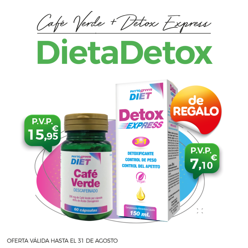 Oferta Agosto:Por la compra de un Café verde 30cápsulas Phytogreen,  de REGALO un Detox Express 150ml! Depura tu cuerpo!