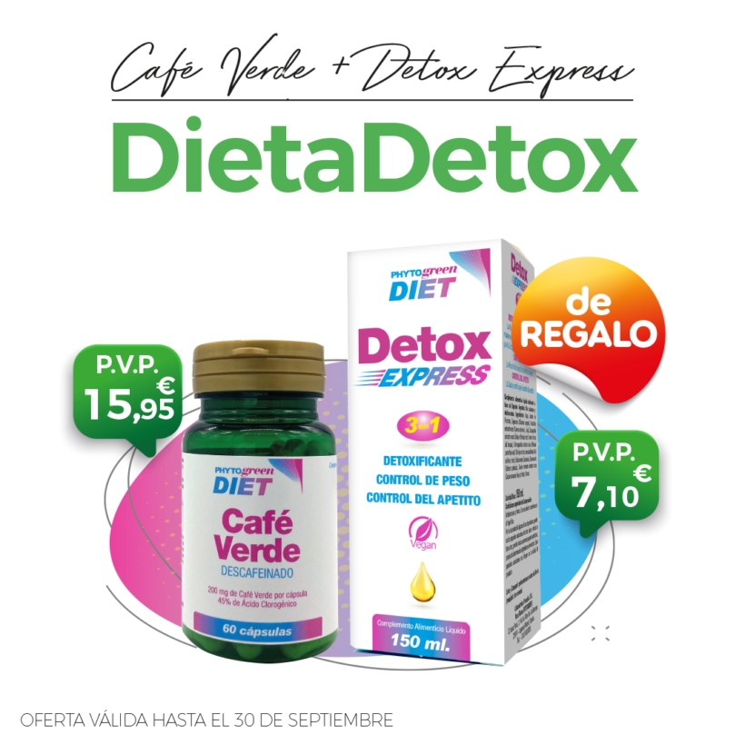 Oferta Septiembre:Por la compra de un Café verde 30cápsulas Phytogreen,  de REGALO un Detox Express 150ml! Depura tu cuerpo!