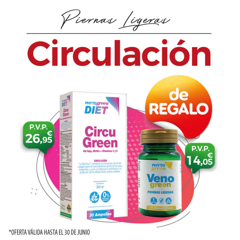 Oferta Junio: Por la compra de un Circugreen 30 viales Phytogreen, un Venogreen 30 cápsulas Phytogreen de REGALO! Que el calor no afecte a tus piernas!