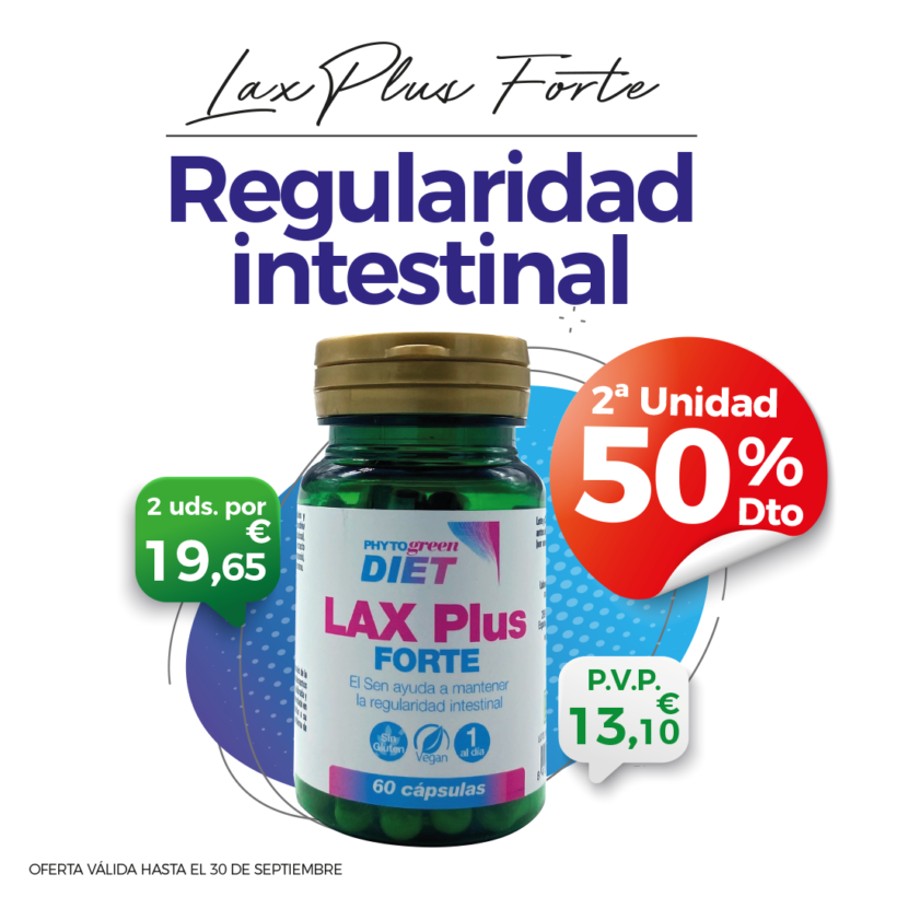 Oferta Septiembre: Por la compra de un Lax Plus 60 cápsulas Phytogreen,  la segunda unidad al 50%!